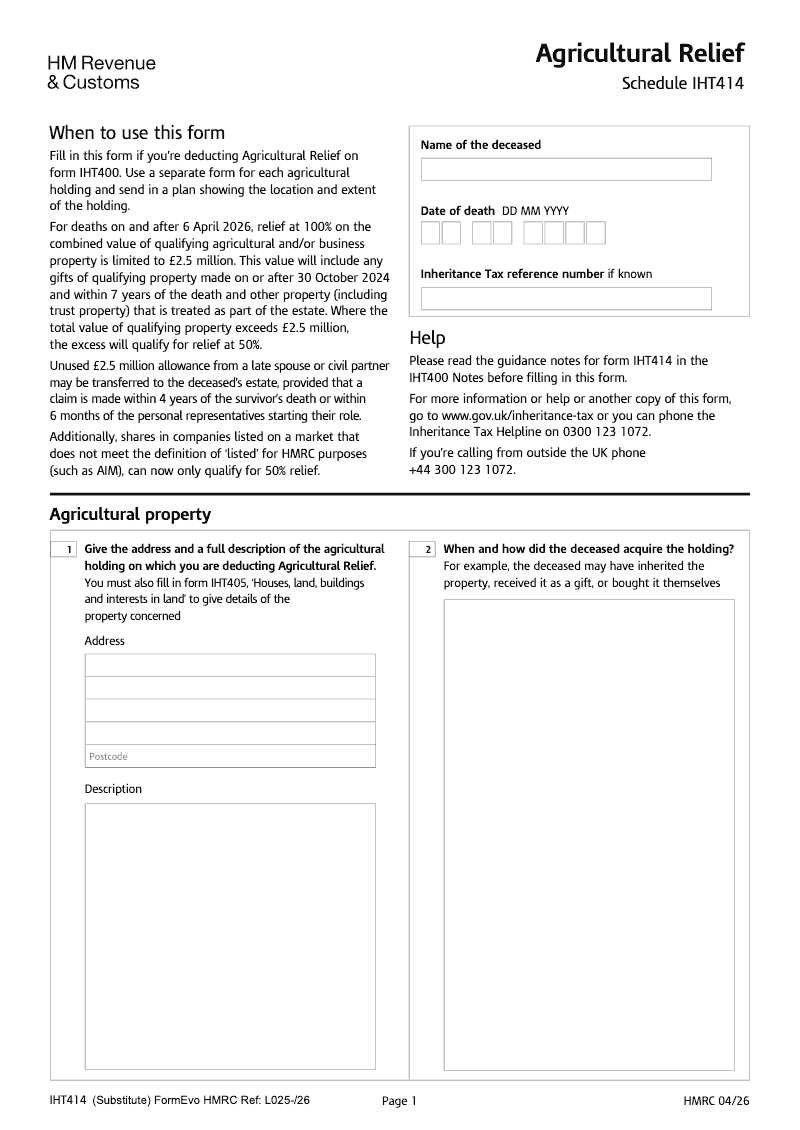 IHT414 Agricultural relief Schedule IHT414 preview