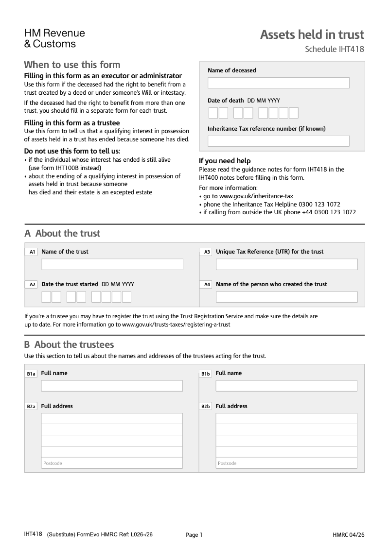 IHT418 Assets held in trust Schedule IHT418 preview