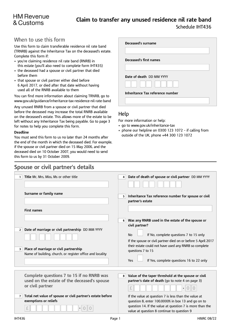 IHT436 Claim to transfer any unused residence nil rate band RNRB Schedule IHT436 preview