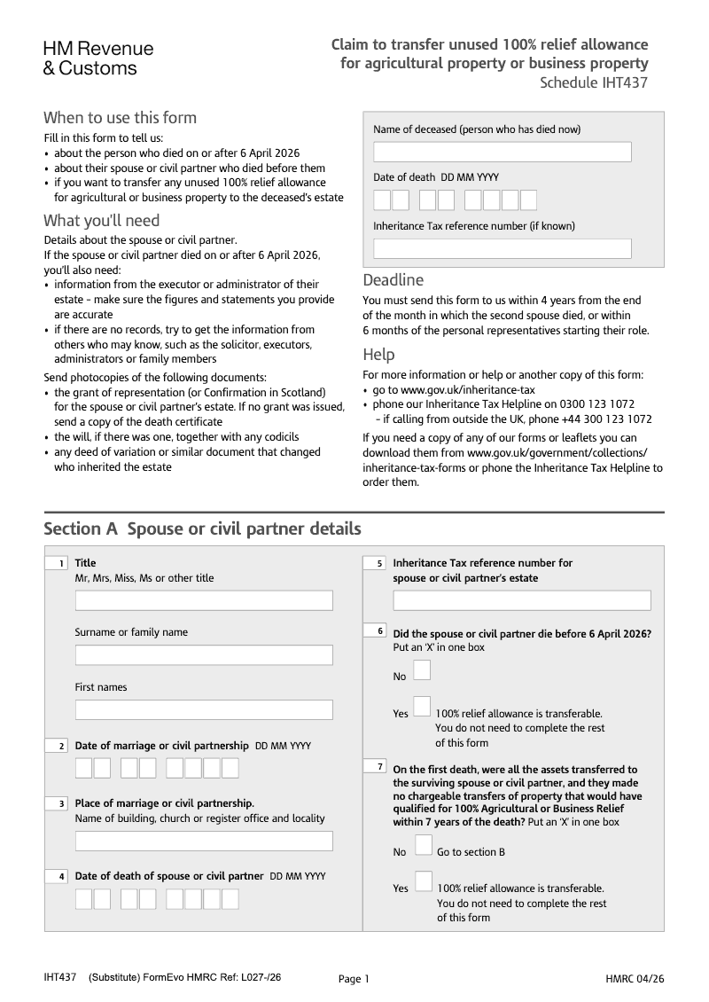 IHT437 Claim to transfer unused 100 relief allowance for agricultural property or business property Schedule IHT437 preview