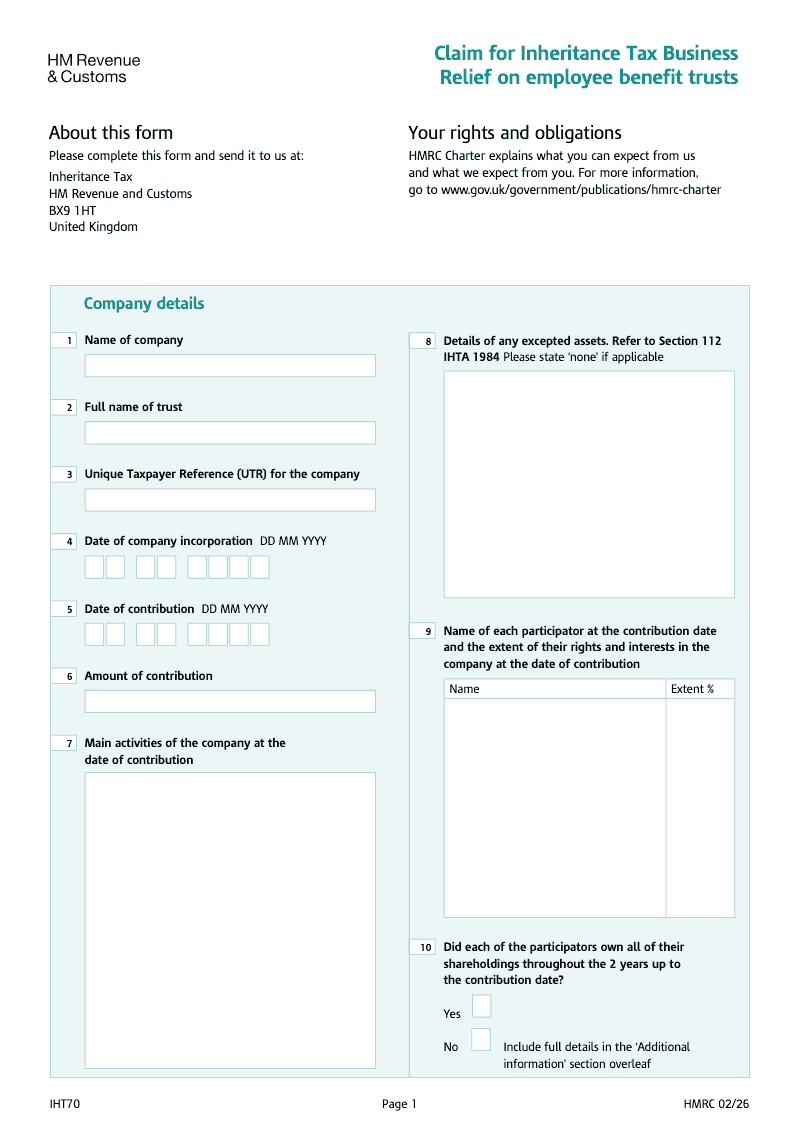 IHT70 Claim for Inheritance Tax business relief on employee benefit trusts preview