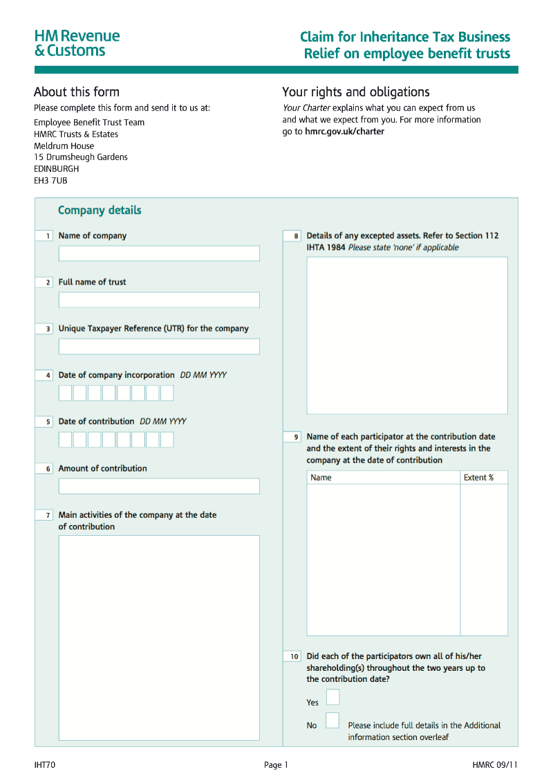 IHT70 Claim for Inheritance Tax business relief on employee benefit trusts preview