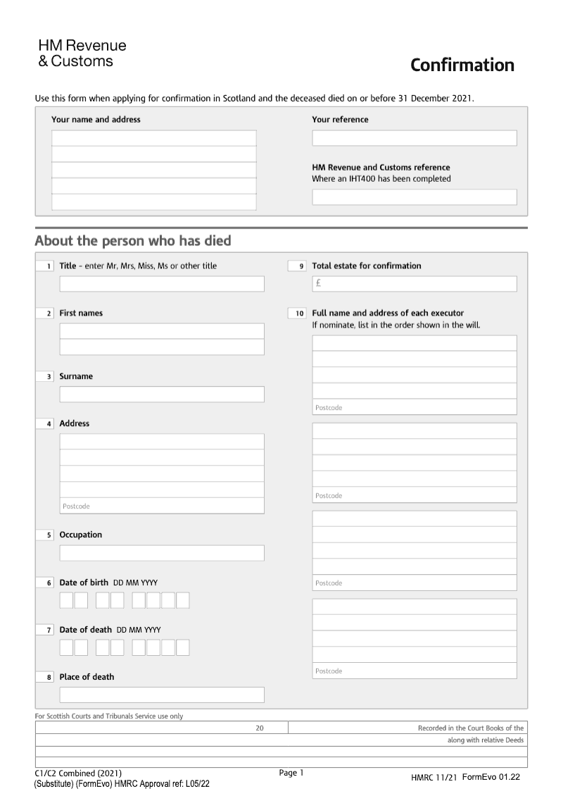 IHTC1 C2 Combined Inventory Form Confirmation Deceased died on or before 31 December 2021 preview