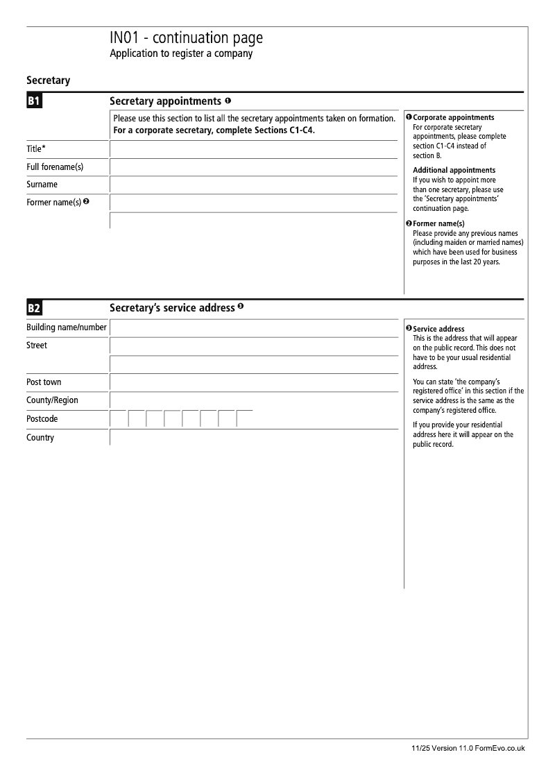 IN01 Continuation Page 1 Section B Secretary appointments continuation page IN01 Application to register a company Section 9 preview