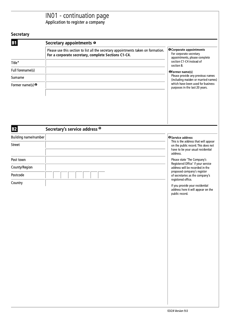 IN01 Continuation Page 1 Section B Secretary appointments continuation page IN01 Application to register a company Section 9 preview