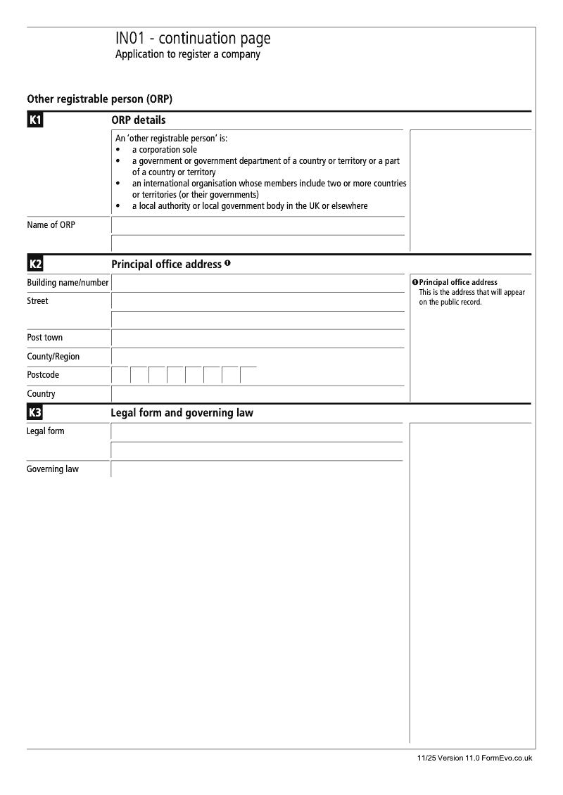 IN01 Continuation Page 11 Section J Other registrable person ORP details continuation page IN01 Application to register a company Section 9 preview