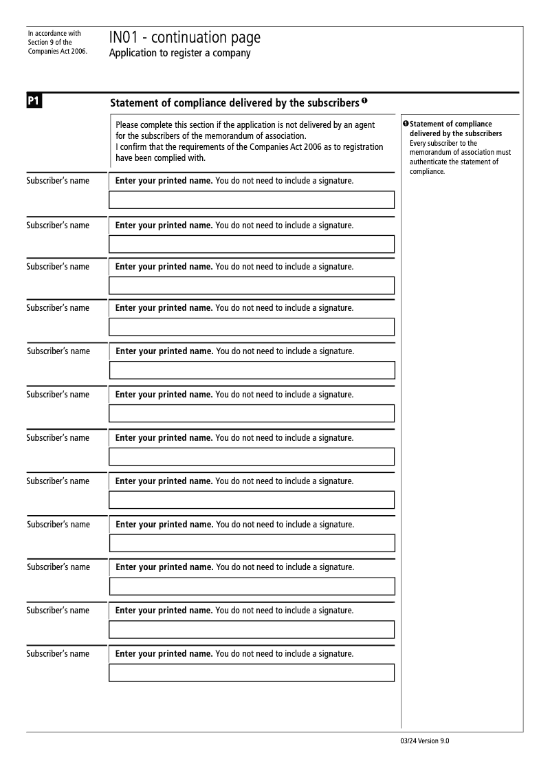 IN01 Continuation Page 12 Section N1 Statement of compliance delivered by subscribers continuation page IN01 Application to register a company Section 9 preview