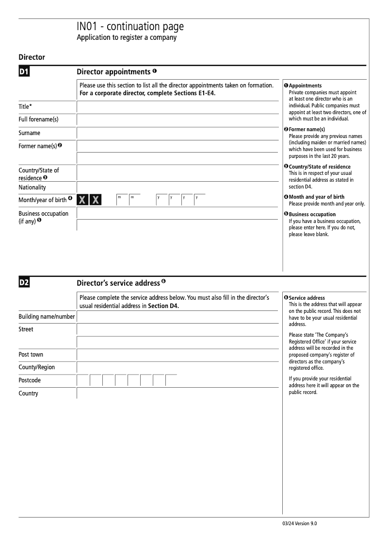 IN01 Continuation Page 3 Section D Director appointments continuation page IN01 Application to register a company Section 9 preview