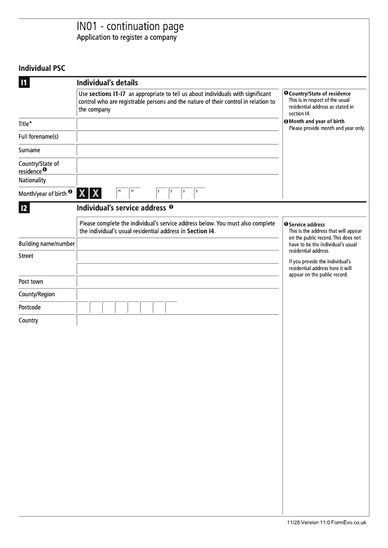 IN01 Continuation Page 9 Sections H3 to H9 Individual person with significant control PSC details continuation page IN01 Application to register a company Section 9 preview