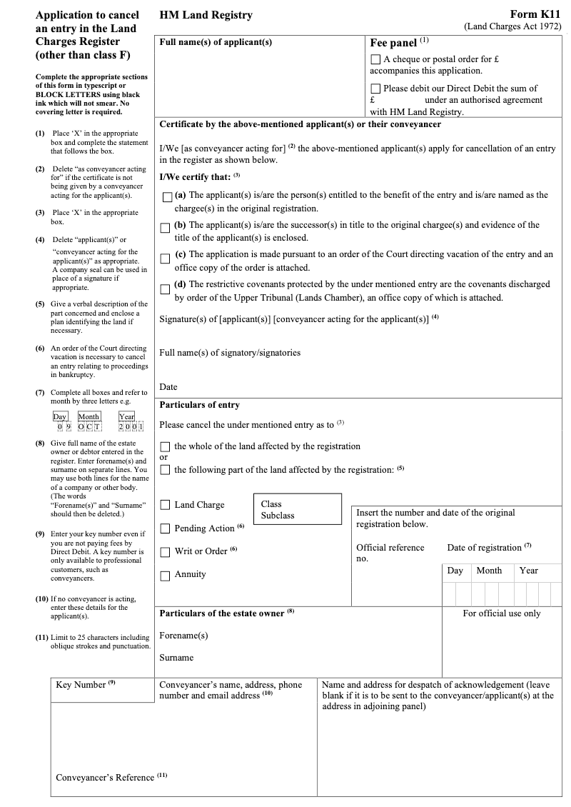 K11 Application to cancel an entry in the Land Charges Register other than class F Land Charges Act 1972 preview