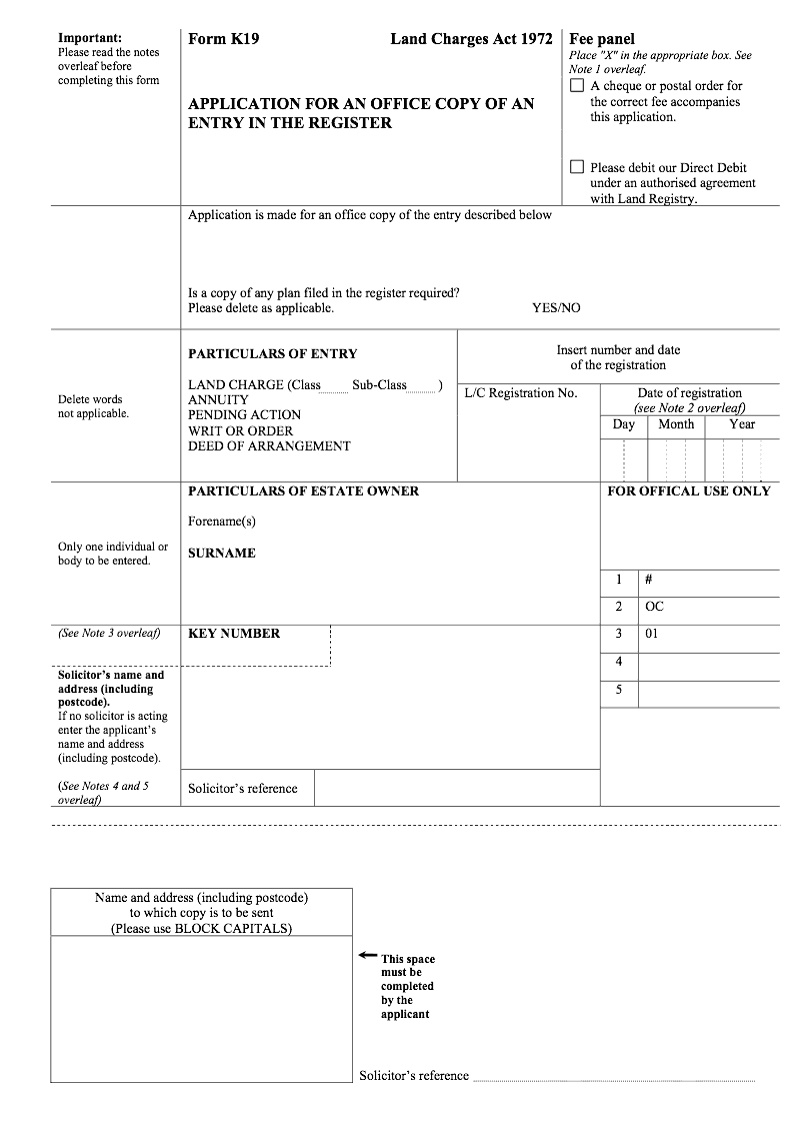 K19 Application for an Office Copy of an entry in the register Land Charges Act 1972 preview