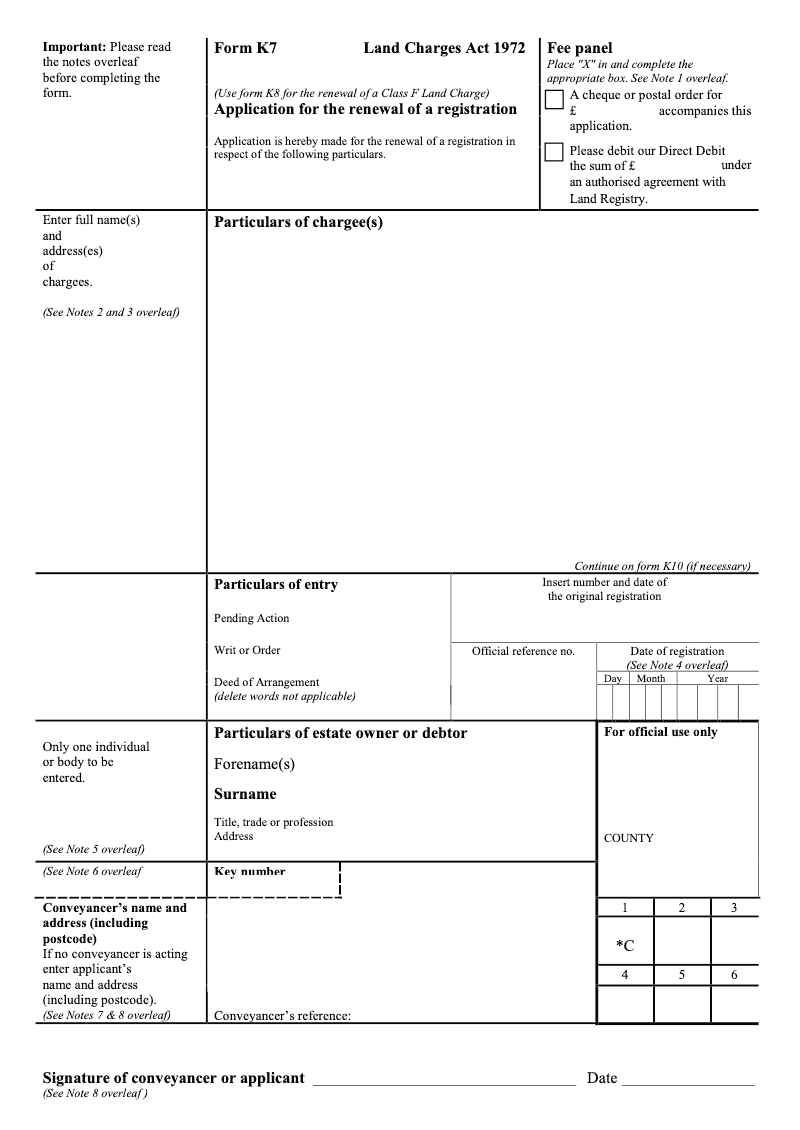 K7 Application for the renewal of a registration Land Charges Act 1972 preview