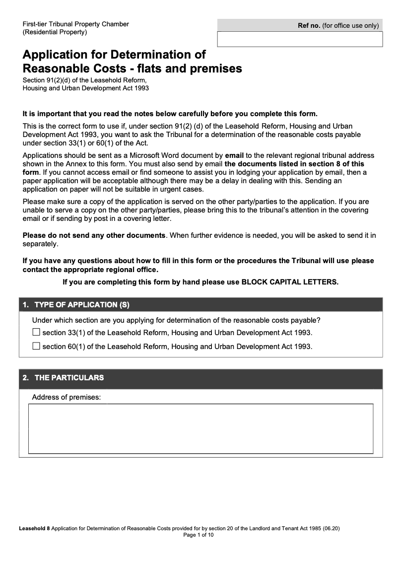 Leasehold 8 Application for Determination of Reasonable Costs flats and premises Section 91 2 d of the Leasehold Reform Housing and Urban Development Act 1993 First tier Tribunal Property Chamber Residential Property preview