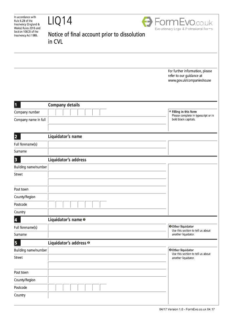 LIQ14 Notice of final account prior to dissolution in CVL Rule 6 28 preview