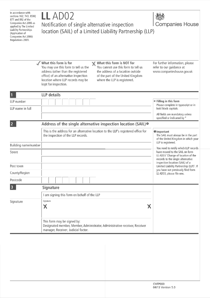 LL AD02 Notification of single alternative inspection location SAIL of a Limited Liability Partnership LLP Sections 162 743 859Q 877 and 892