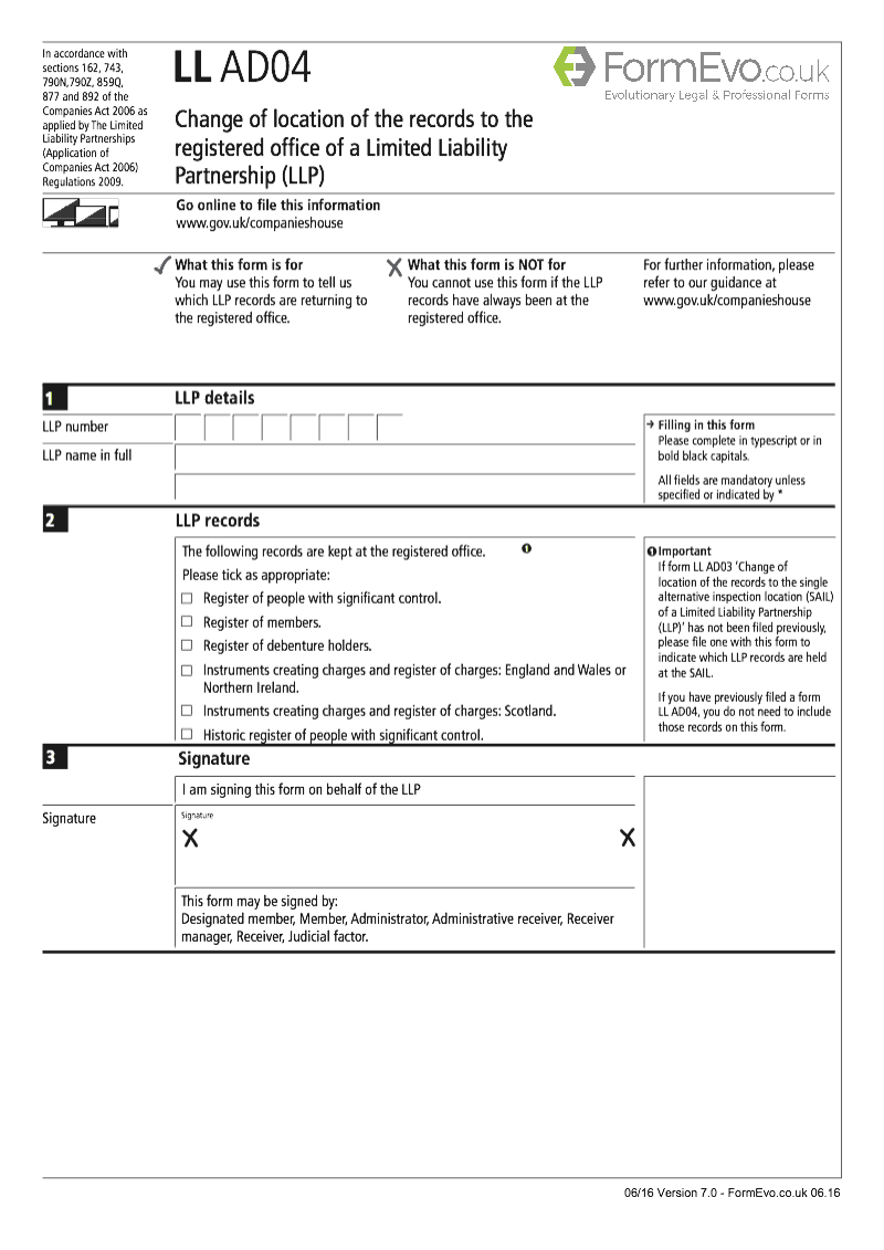 LL AD04 Change of location of the records to the registered office of a Limited Liability Partnership LLP preview