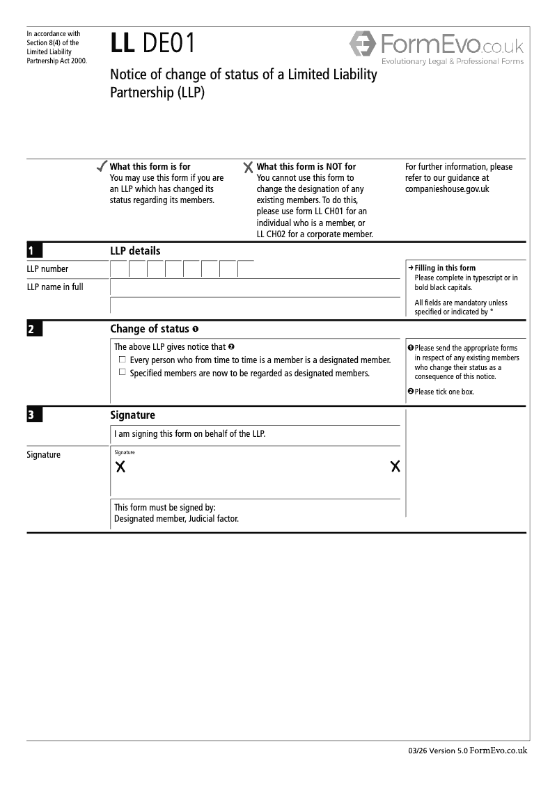 LL DE01 Notice of change of status of a Limited Liability Partnership LLP preview