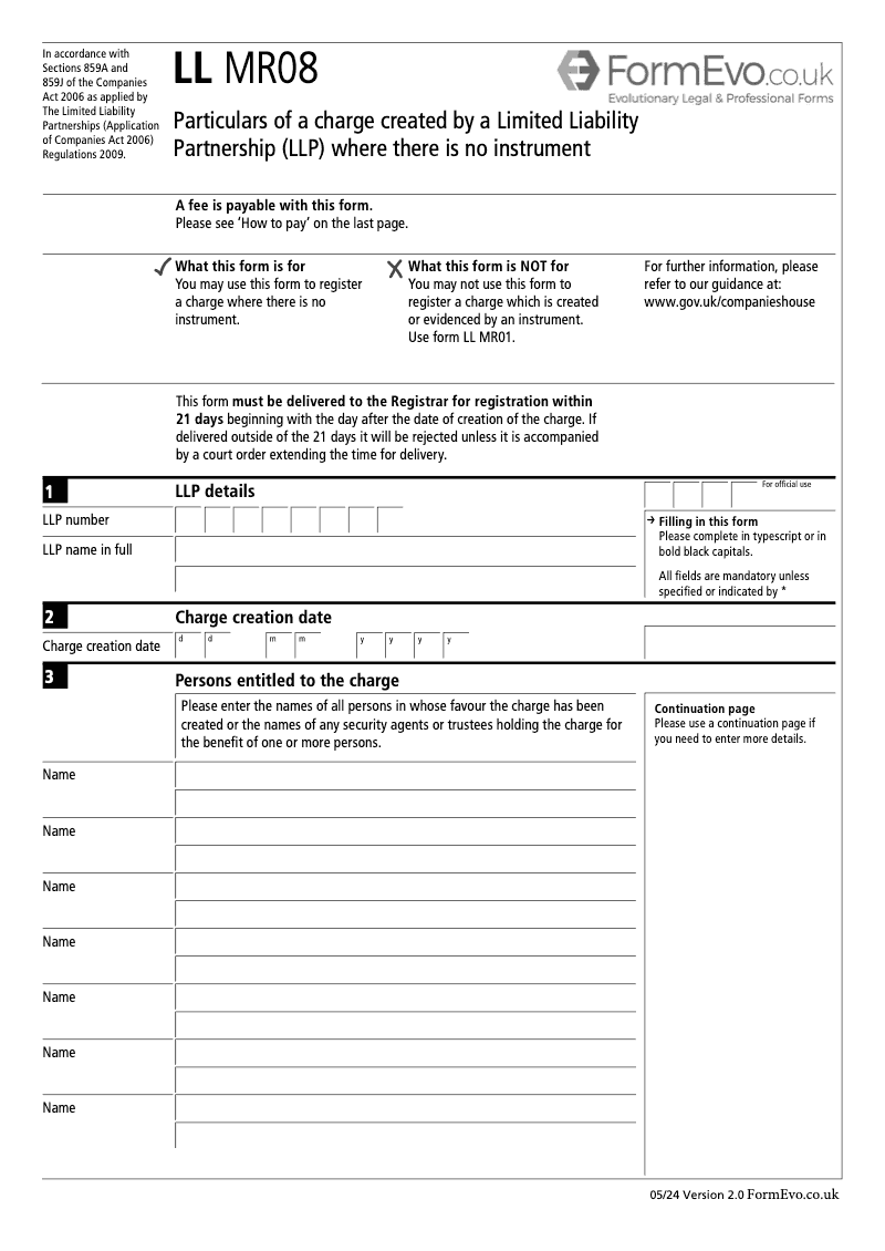 LL MR08 Particulars of a charge created by a Limited Liability Partnership LLP where there is no instrument Sections 859A and 859J preview