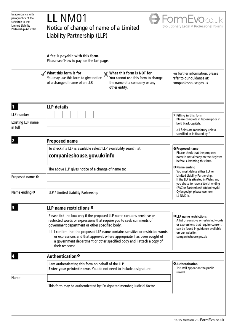 LL NM01 Notice of change of name of a Limited Liability Partnership LLP preview