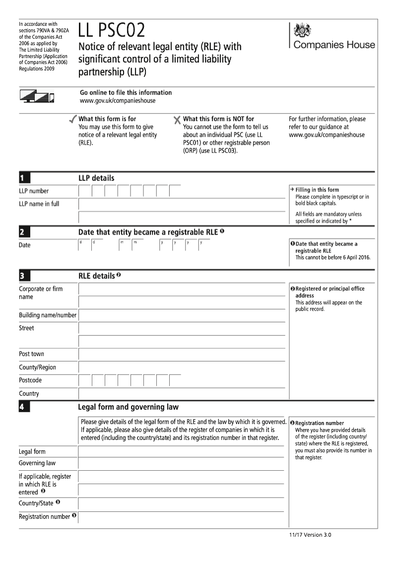 LL PSC02 Notice of relevant legal entity RLE with significant control of a limited liability partnership LLP Section 790K and 790ZA of the Companies Act 2006 preview