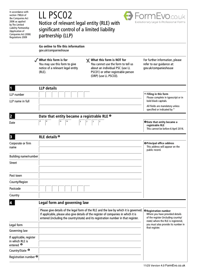 LL PSC02 Notice of relevant legal entity RLE with significant control of a limited liability partnership LLP Section 790K and 790ZA of the Companies Act 2006 preview