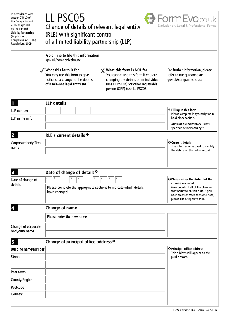LL PSC05 Change of details of relevant legal entity RLE with significant control of a limited liability partnership LLP Section 790M and 790ZA of the Companies Act 2006 preview