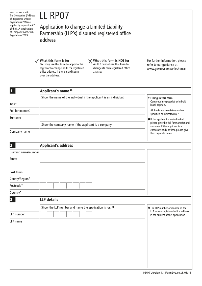 LL RP07 Application to change a Limited Liability Partnership LLP s disputed registered office address preview