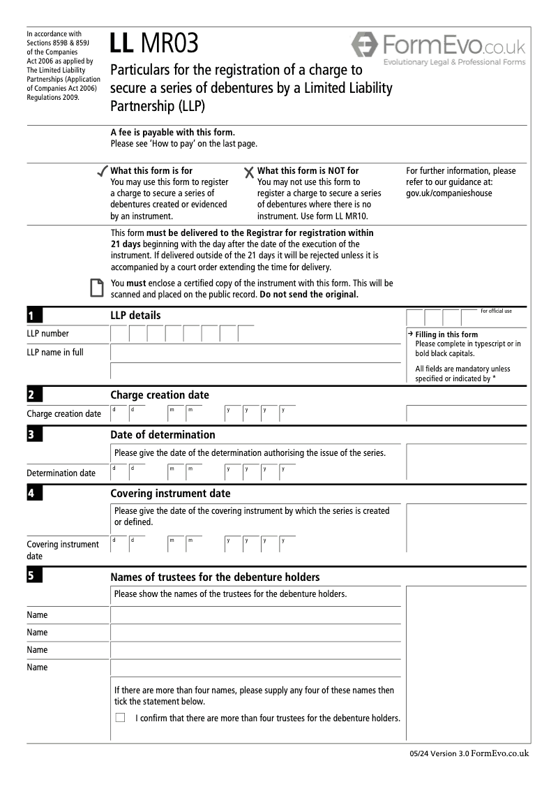LLMR03 Particulars for the registration of a charge preview