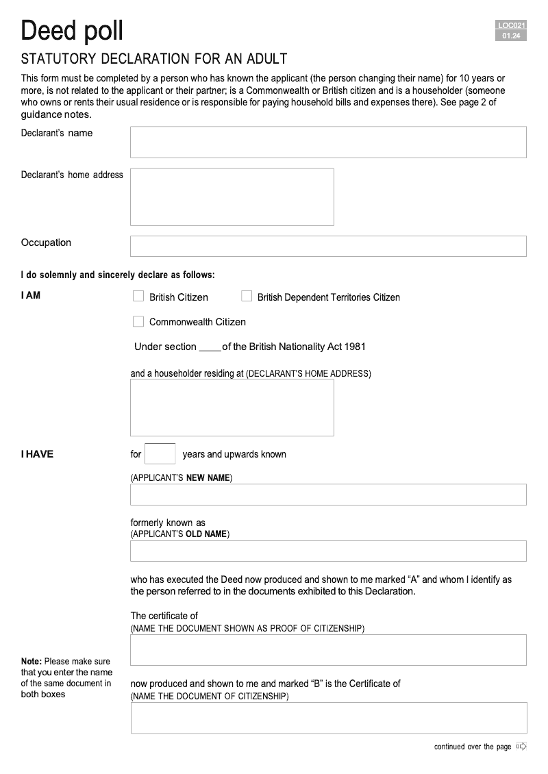 LOC021 Statutory declaration for an adult Deed Poll preview