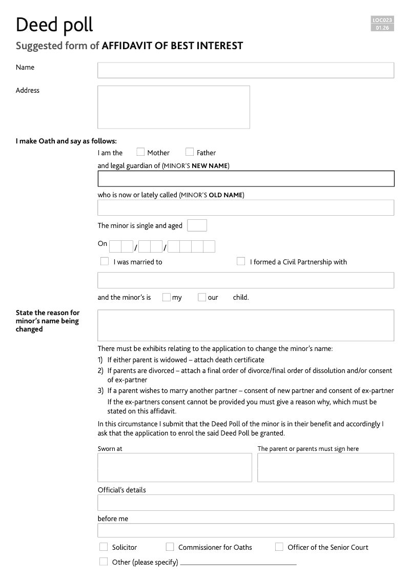 LOC023 Affidavit of best Interest Minor Deed Poll preview