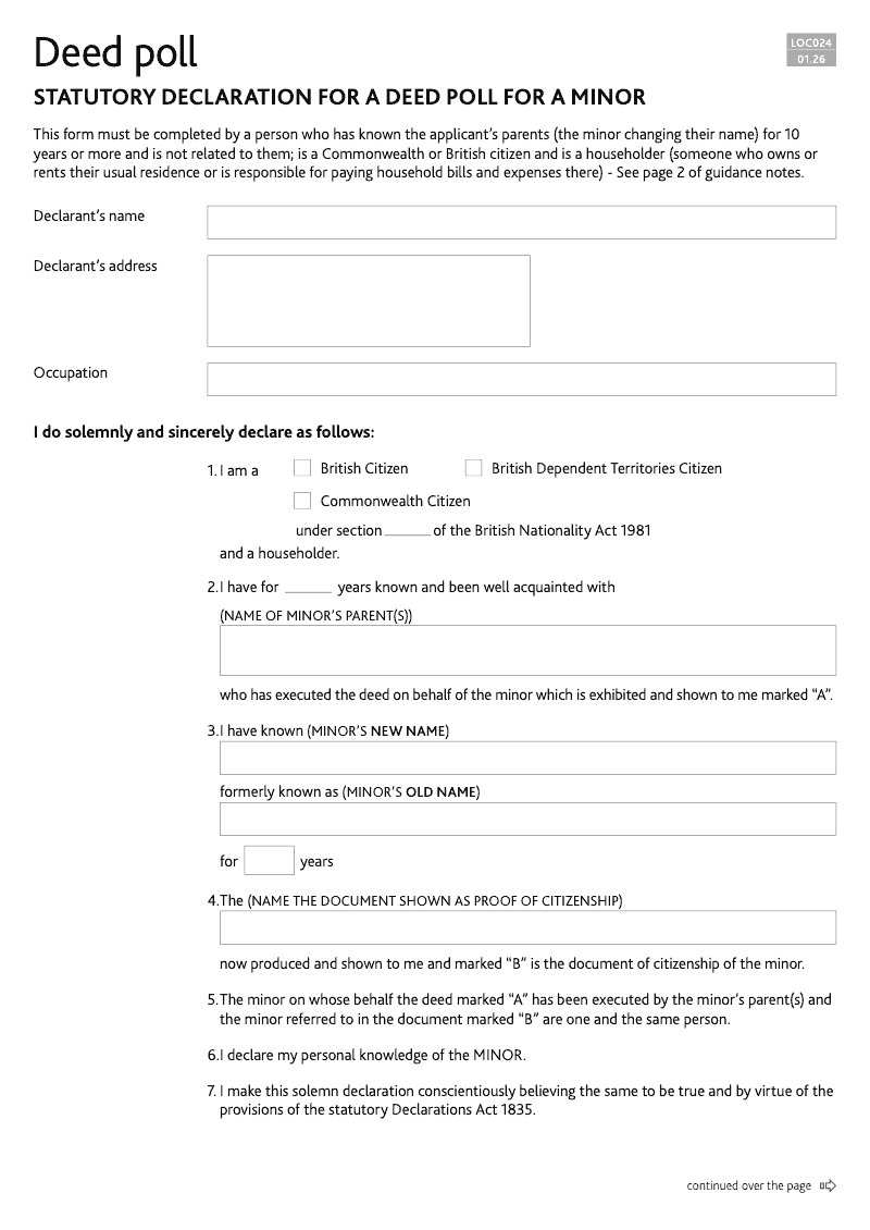LOC024 Statutory declaration for a deed poll for a minor Deed Poll preview