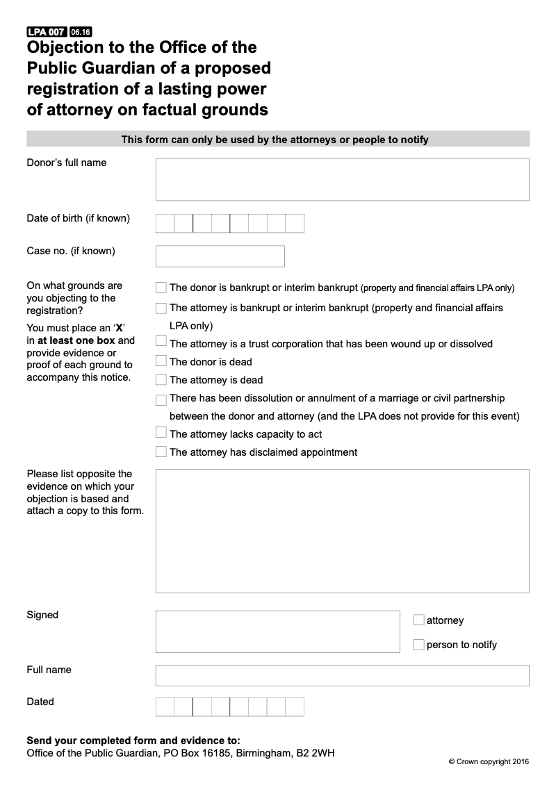 LPA 007 Objection to the Office of the Public Guardian of a proposed registration of a Lasting Power of Attorney on factual grounds preview