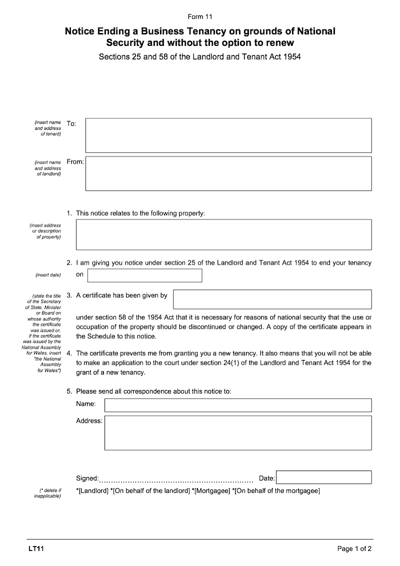 LT11 Notice Ending a Business Tenancy on grounds of National Security and without the option to renew Sections 25 and 58 of the Landlord and Tenant Act 1954 Form 11 preview