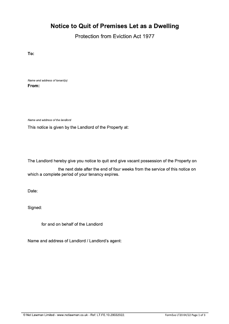 LT20 Notice to Quit of Premises Let as a Dwelling. Protection from ...