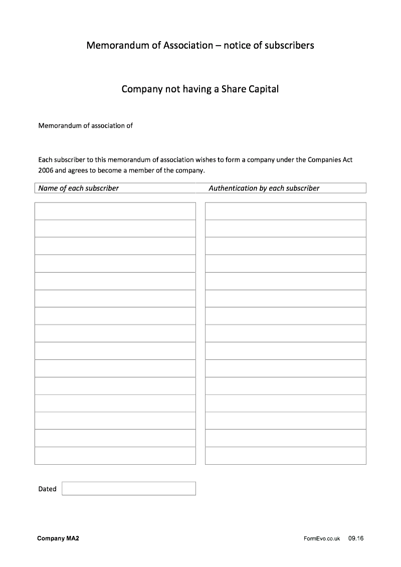 MA02 Notice of subscribers Memorandum of Association Companies without share capital preview