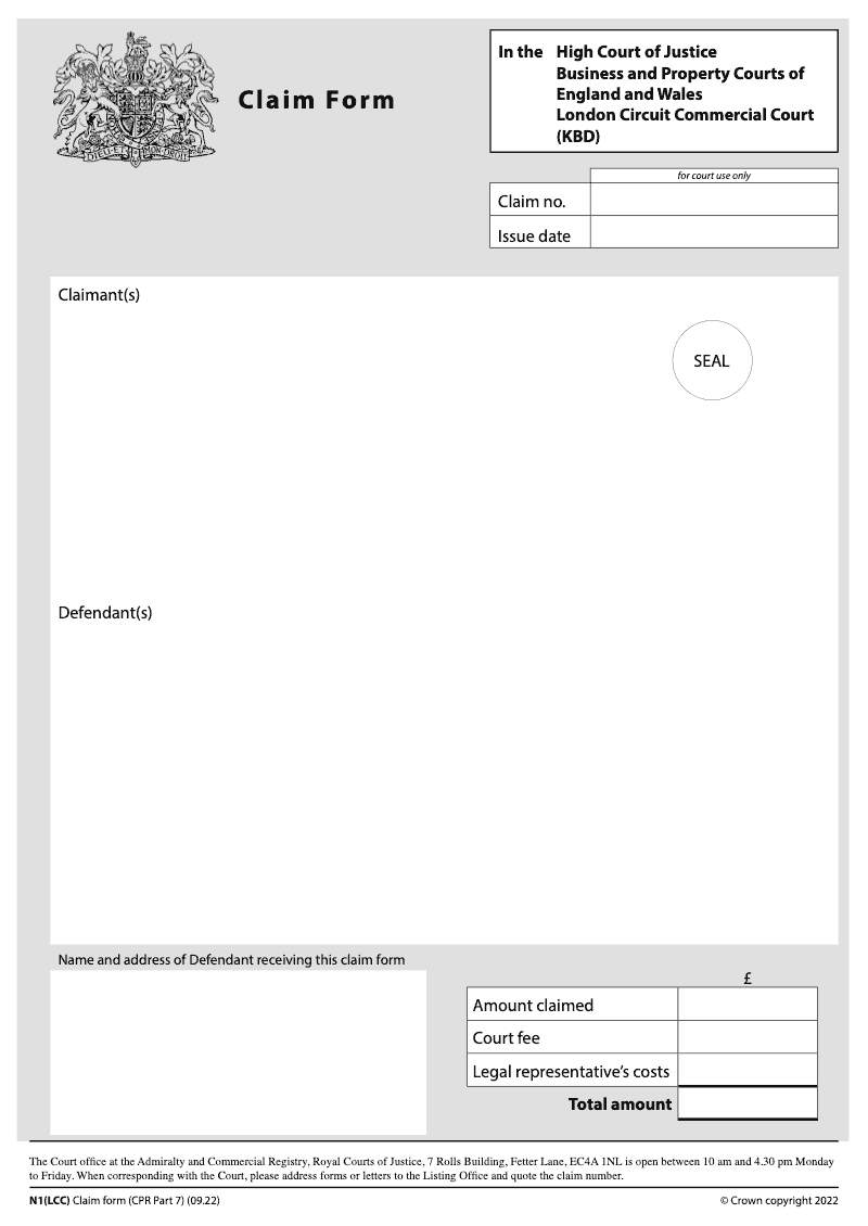 N1 LCC Claim form CPR Part 7 London Circuit Commercial Court KBD electronic signature available preview