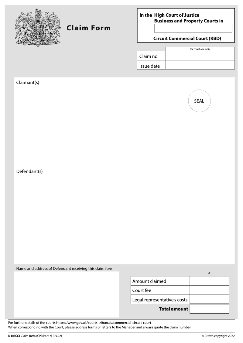 N1 RCC Claim form CPR Part 7 Regional Commercial Court KBD electronic signature available preview