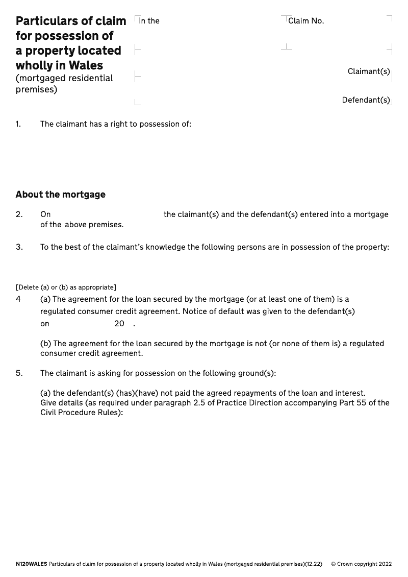 N120 WALES Particulars of claim for possession mortgaged residential premises WALES electronic signature available preview