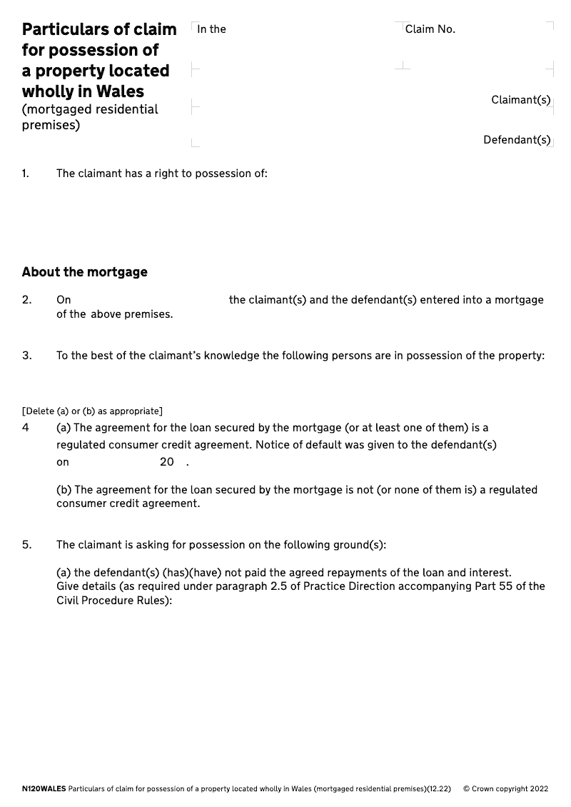 N120 WALES Particulars of claim for possession mortgaged residential premises WALES electronic signature available preview