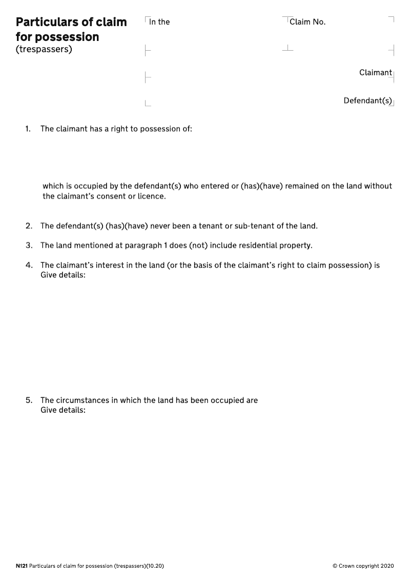 N121 Particulars of claim for possession trespassers preview