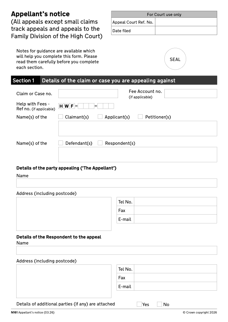 N161 Appellant s notice All appeals except small claims track appeals preview