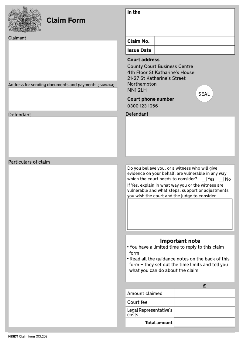 N1SDT Claim form preview