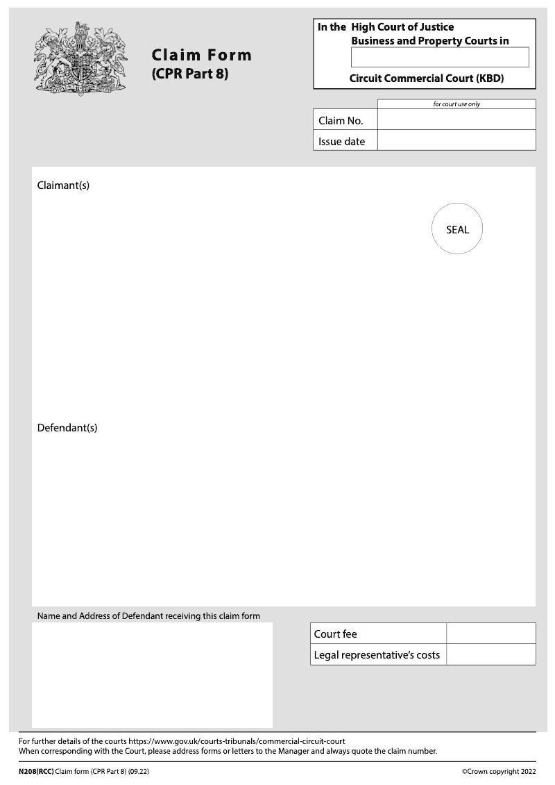 N208 RCC Claim form CPR Part 8 Regional Commercial Court KBD electronic signature available preview
