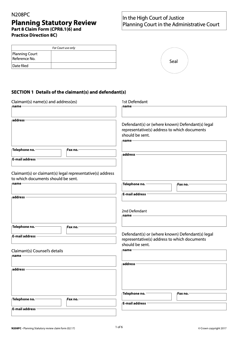 N208PC Claim Form Planning Statutory Review Planning Court Part 8 Claim CPR 8 Preview