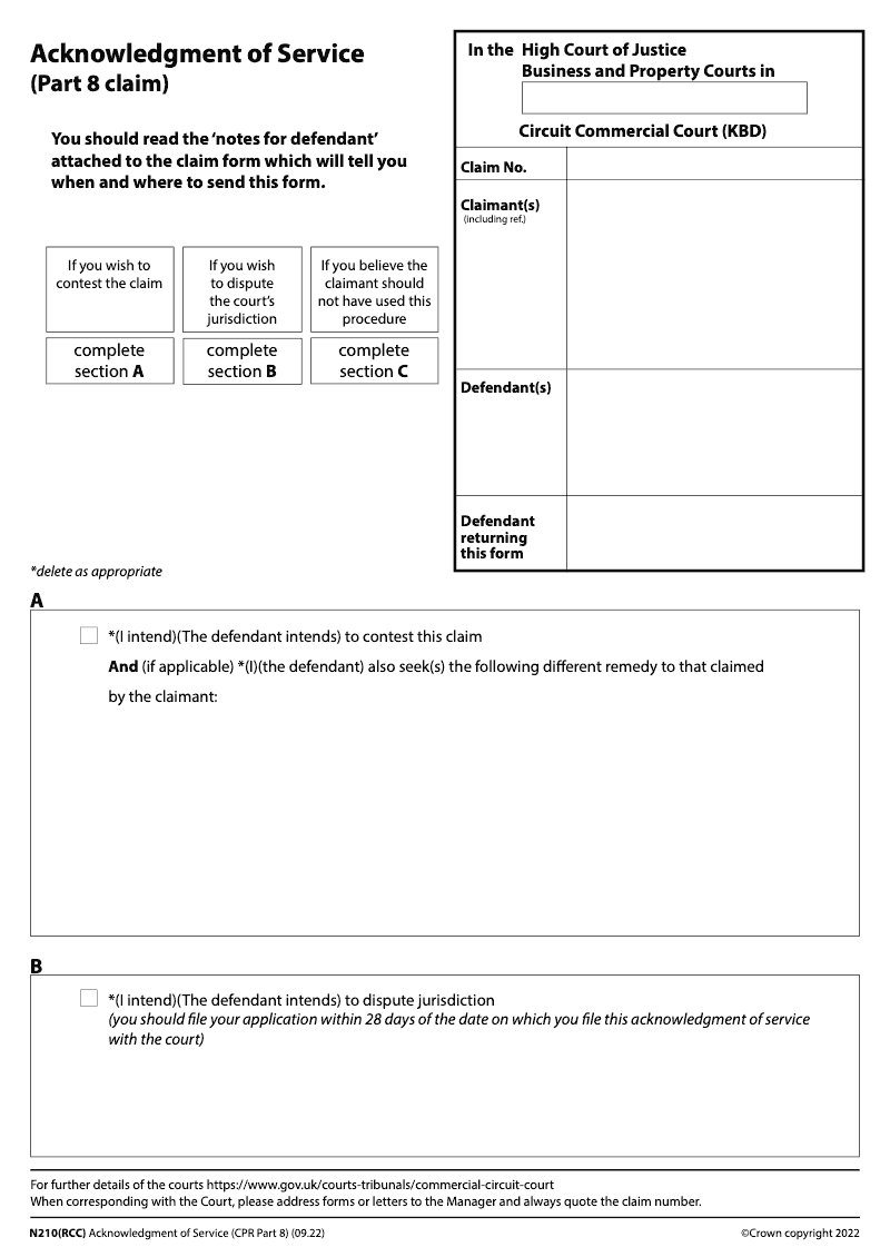 N210 RCC Acknowledgment of service Part 8 claim Regional Commercial Court KBD electronic signature available preview