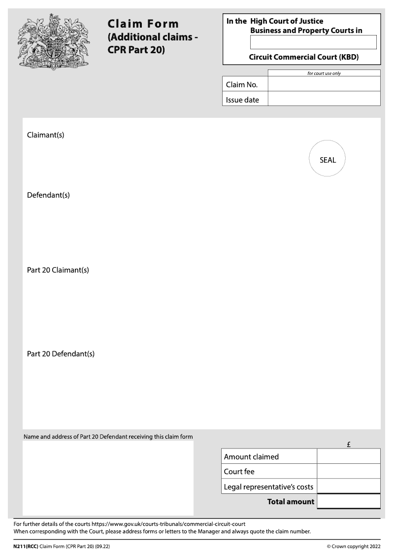 N211 RCC Claim Form Additional claims CPR Part 20 Regional Commercial Court KBC electronic signature available preview