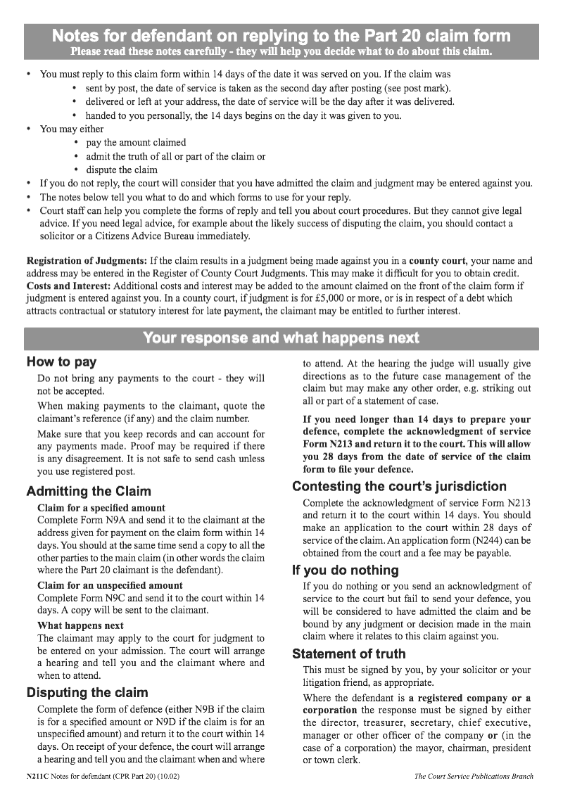 N211C Notes for defendant on replying to the Part 20 claim form preview