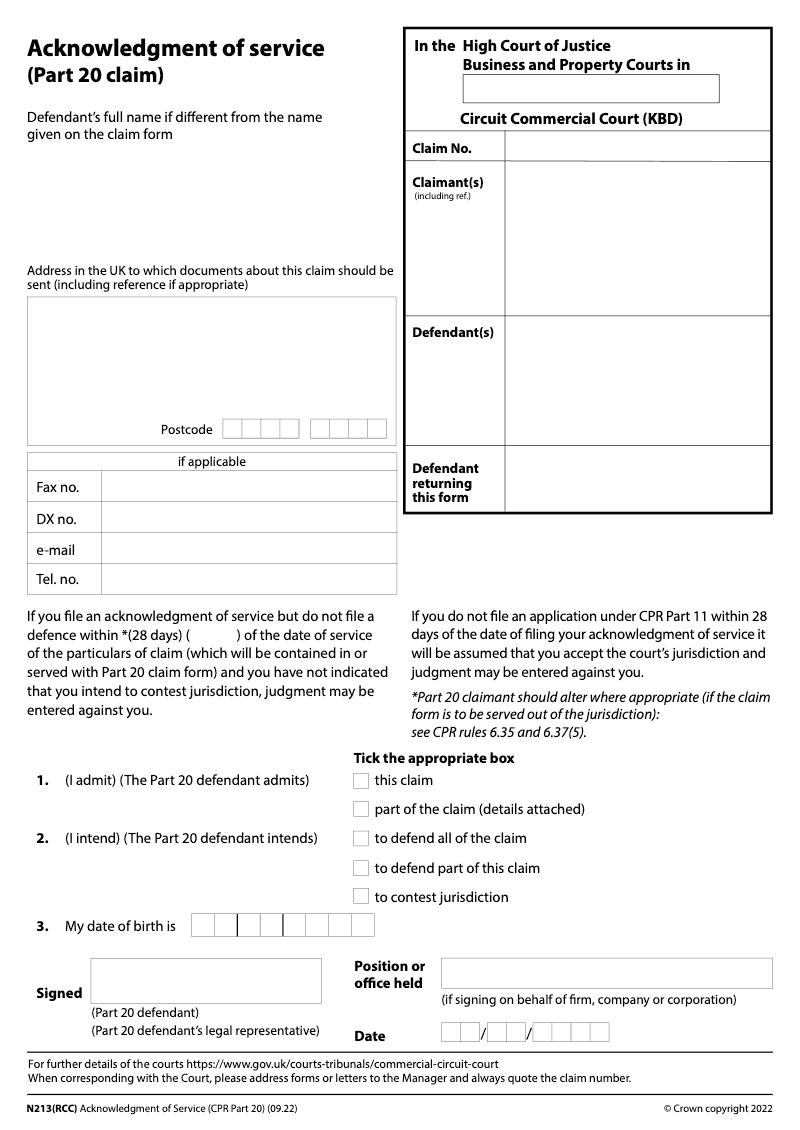 N213 RCC Acknowledgment of service Part 20 claim Regional Commercial Court KBD preview