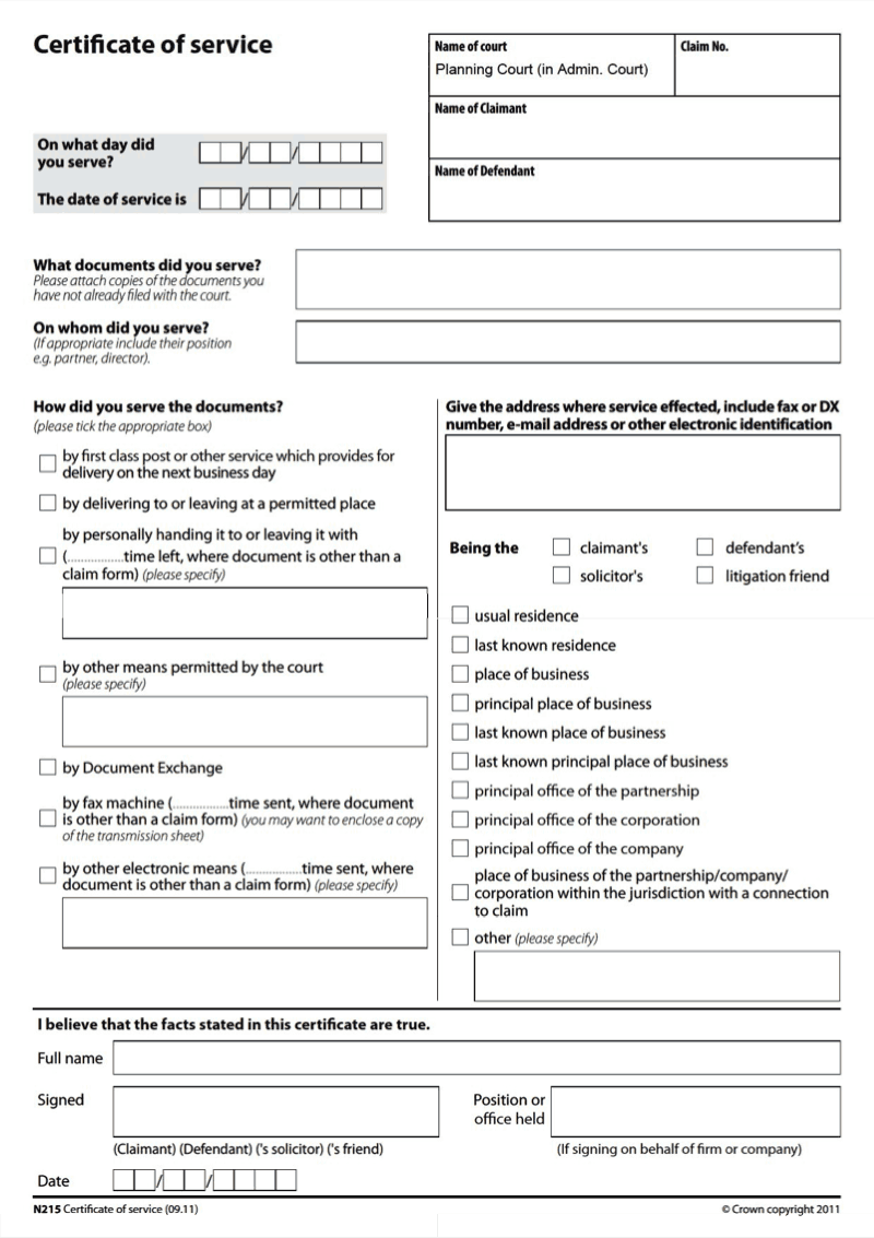 N215PC Certificate of service (Planning Court)