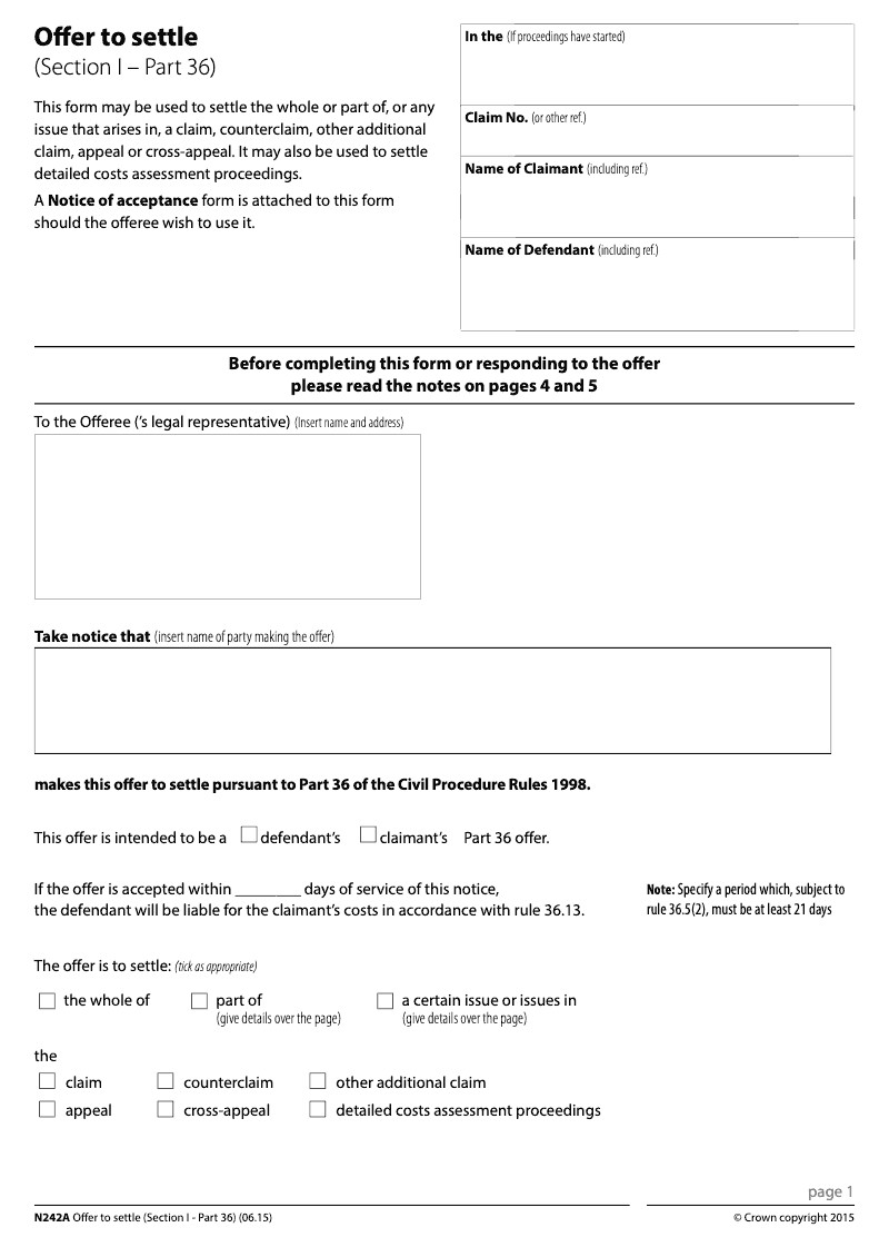 N242A Notice of offer to settle Section 1 Part 36 including notice of acceptance preview